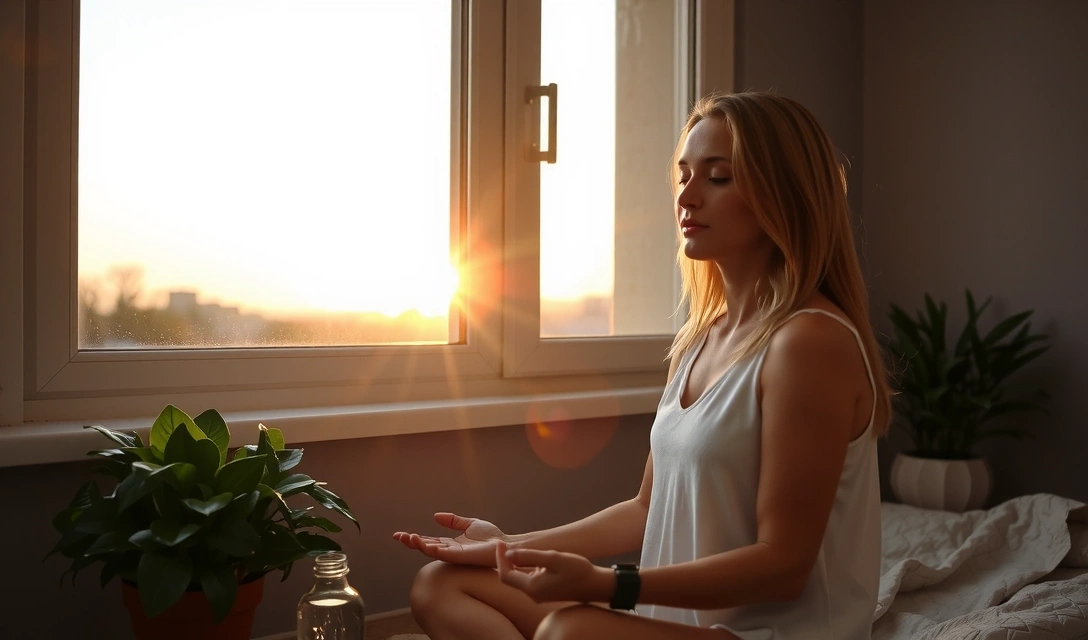 A person meditating by a window during sunrise, surrounded by subtle healthy lifestyle elements like a green plant and a water bottle, evoking a sense of calm and a fresh start.