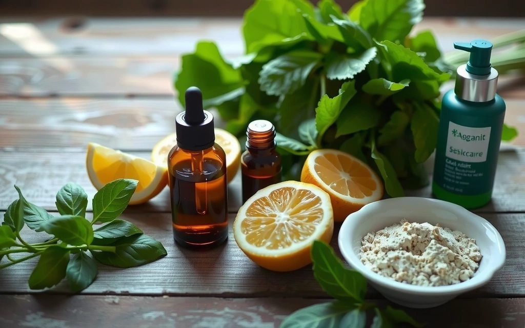 Organic ingredients like herbs, essential oils, and fresh fruits arranged artfully on a wooden table, symbolizing natural skincare.